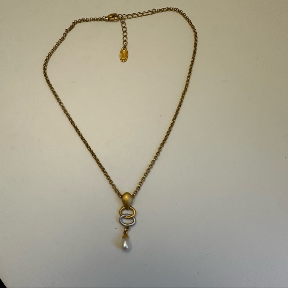 Faux Pearl Silver Gold Tone Interlocking Ovals Necklace